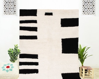 Black and White Rug, Geometric Rug, Moroccan Shag Rug, Beni Ourain rug, Area Rug 8x10, Bedroom Rug