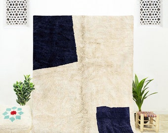 Handwoven Blue and White Moroccan Shag Rug: Abstract Beni Ourain Wool 8x10