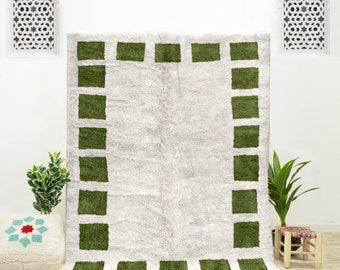 Green Checkered Moroccan Wool Rug: Handwoven Shag Area Rug