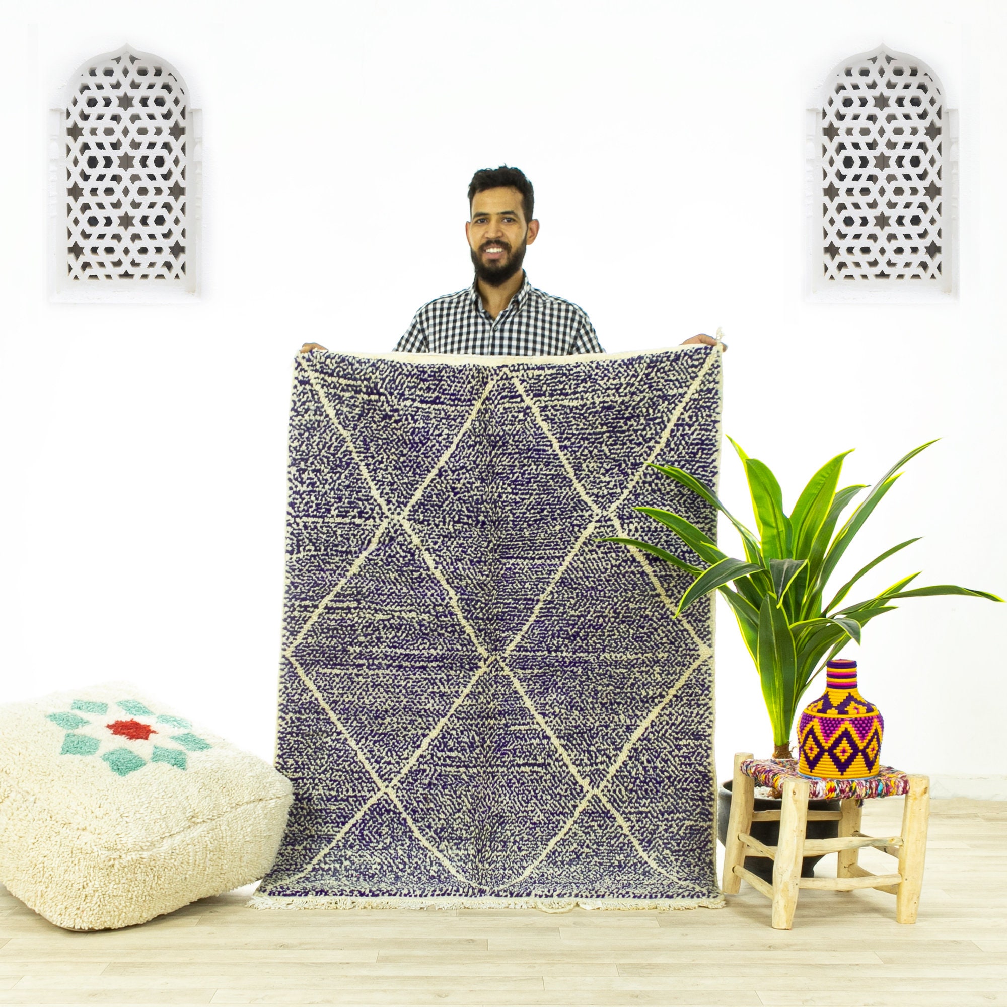 Petit Tapis Contemporain - Tapis Marocain de Zone Beni Ourain Fait à La Main Violet 3.5x4.8 Authenti