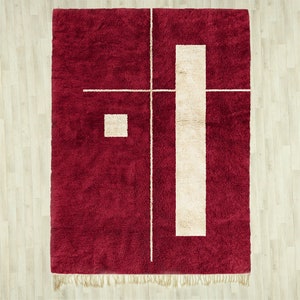 Handwoven Red Wool Rug: Abstract Moroccan Shag Design image 2