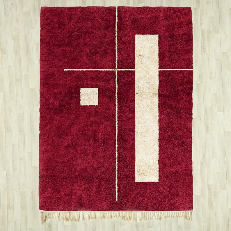 Handwoven Red Wool Rug: Abstract Moroccan Shag Design image 2