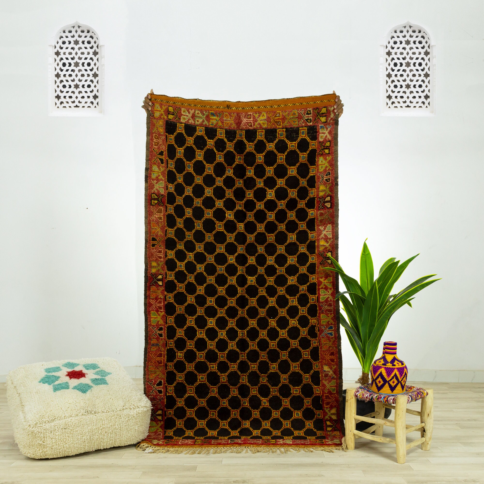 Tapis Vintage Medium - Tapis Marocain de Zone Fait à La Main Rouge 3.7x6.9 Authentique en Laine Tiss