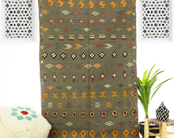 Brown Moroccan Berber Rug: Handwoven Organic Wool Kilim Area Rug