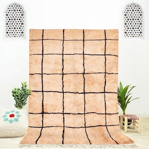 Handmade Off-white Moroccan Rug is a Checkered Rug with a Checkerboard Rug for Living Room Design Made of Beige Beni Ourain Rug Wool