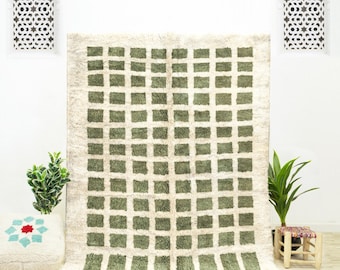 Green Checkered Moroccan Rug: Handwoven Wool Beni Ourain Rug