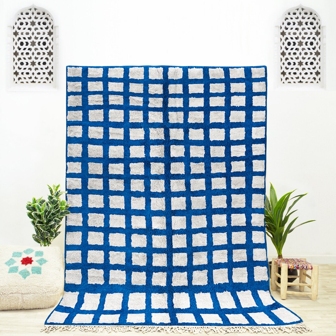 Blue Checked Rug Moroccan Rug, Blue Checkered Rug, Checkerboard Rug, Area Rug 8x10, Beni ...