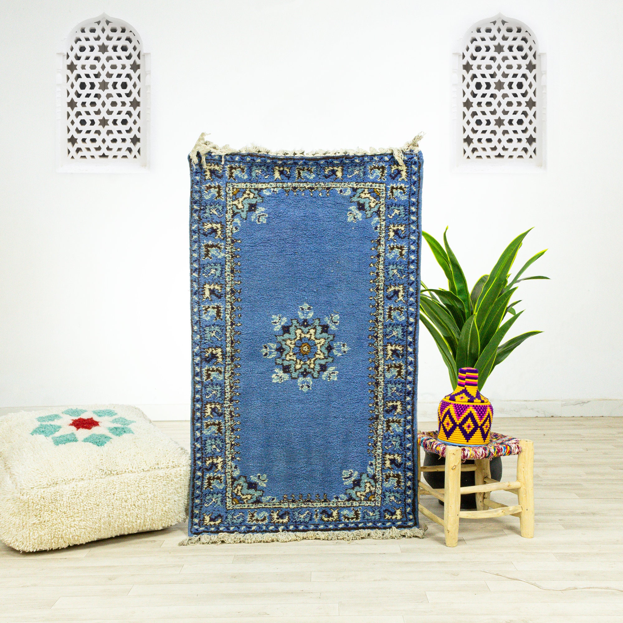 Petit Tapis Vintage - Tapis Marocain de Zone Fait à La Main Bleu 2.6x4.9 Authentique en Laine Tissé