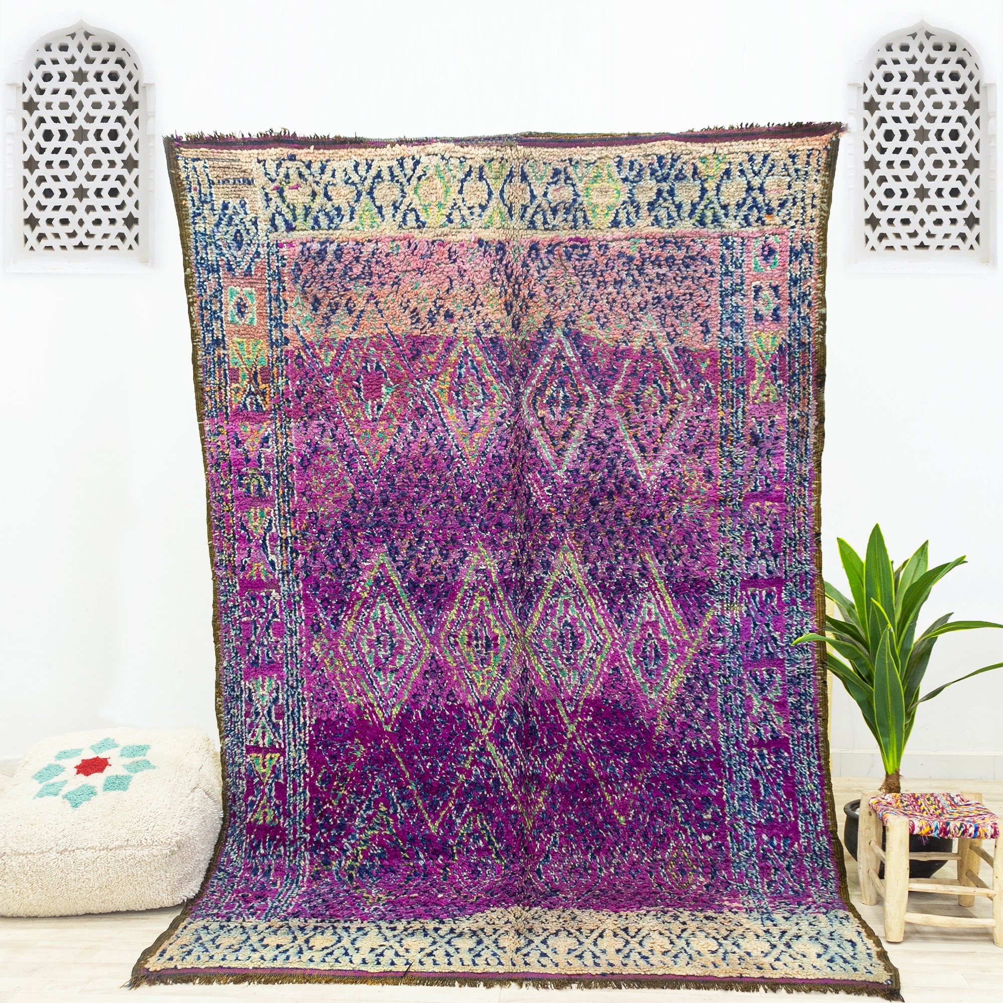 Grand Tapis Vintage - Tapis Marocain Zone Boujaad Fait à La Main Violet 6x9.3 Authentique