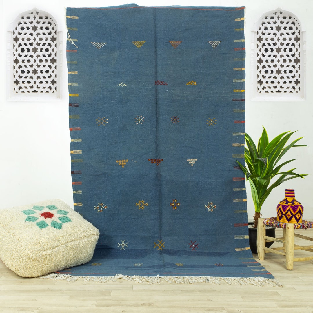 Blue Moroccan Kilim Rug: Handwoven Wool Area Rug, Amazigh Design - Etsy