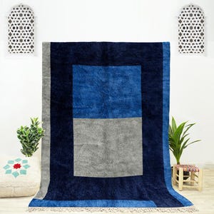 Handmade Beni Ourain Rug is a Blue Abstract Rug with a Mid Century Modern Rug for Living Room Made of Blue Moroccan Rug Wool