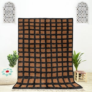 Handmade Brown Checkered Beni Ourain Rug: Moroccan Shag Area Rug