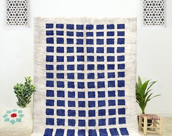 Handwoven Blue Checkered Moroccan Rug: Bohemian Wool Beni Ourain Rug