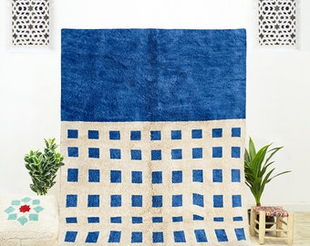 Custom Blue Checkered Beni Ourain Rug: Handwoven Moroccan Wool Shag