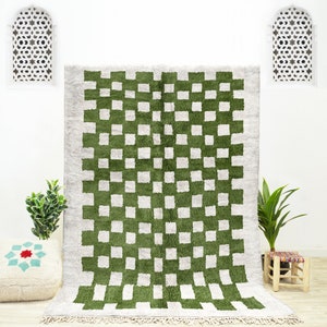Large Moroccan green checkered area rug for living room, Berber checkerboard rug