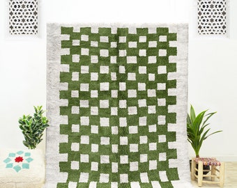 Large Moroccan green checkered area rug for living room, Berber checkerboard rug