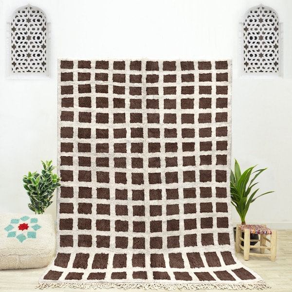 A Brown area Moroccan Beni Ourain checkerboard rug