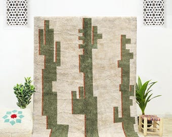 Handwoven Wool Berber Rug: Green Abstract Moroccan Carpet