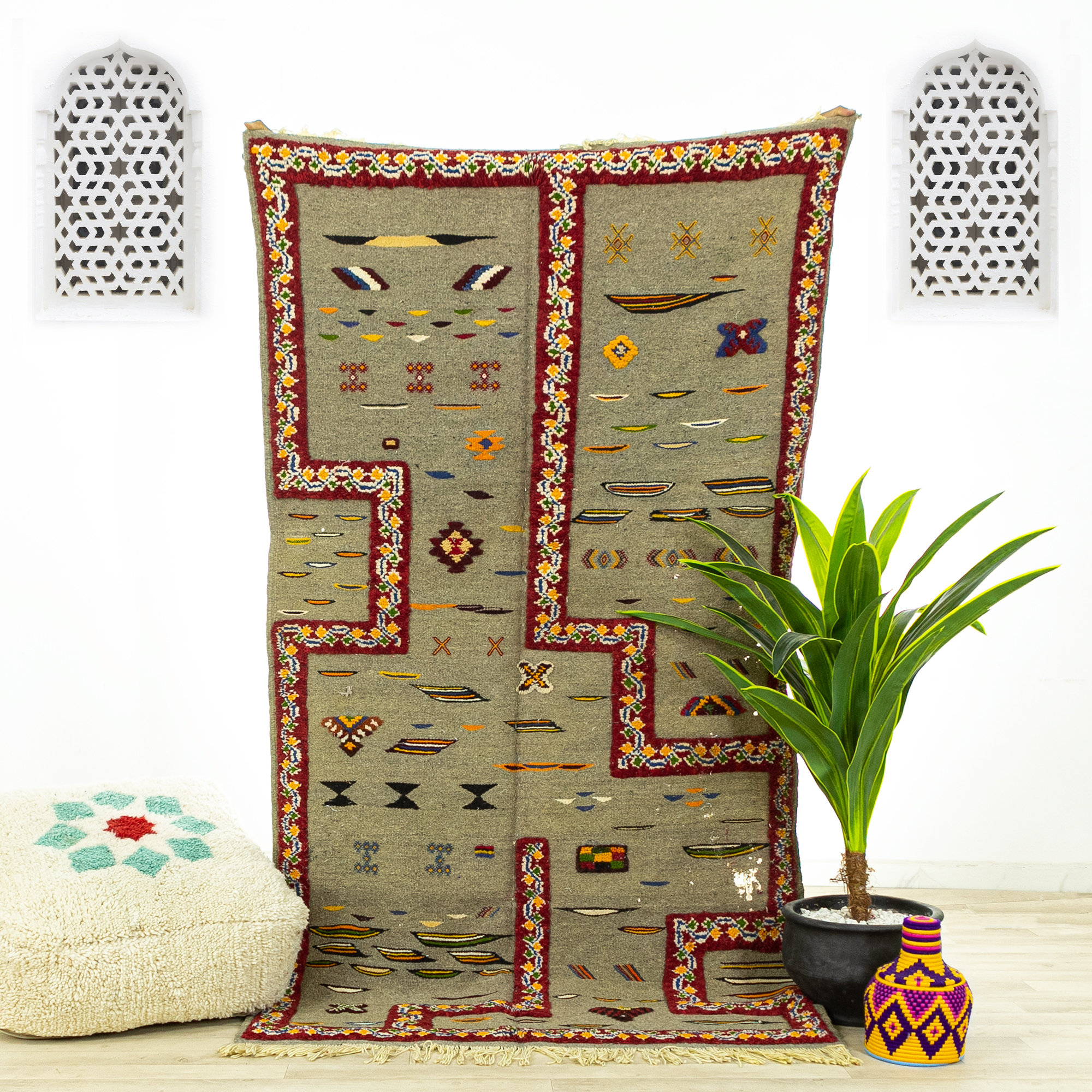 Tapis Vintage Medium - Tapis Marocain Tapis de Zone Fait à La Main Gris 3.8x6.9 Authentique Kilim Ma