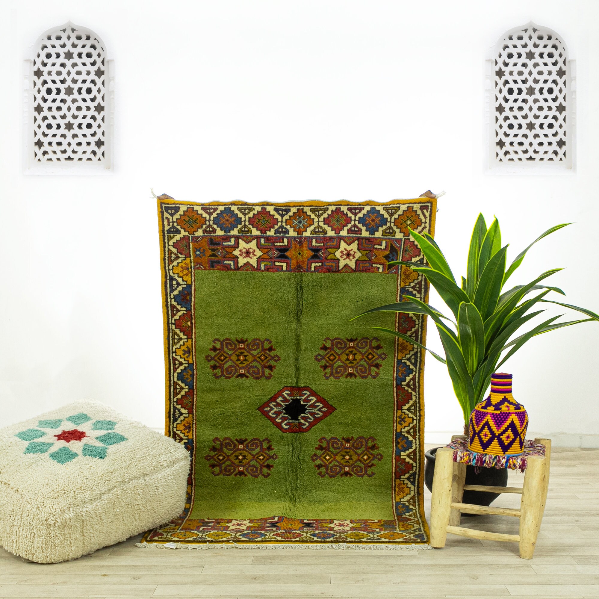 Petit Tapis Vintage - Tapis Marocain de Zone Fait à La Main Vert 3.3x5.1 Authentique en Laine Tissé