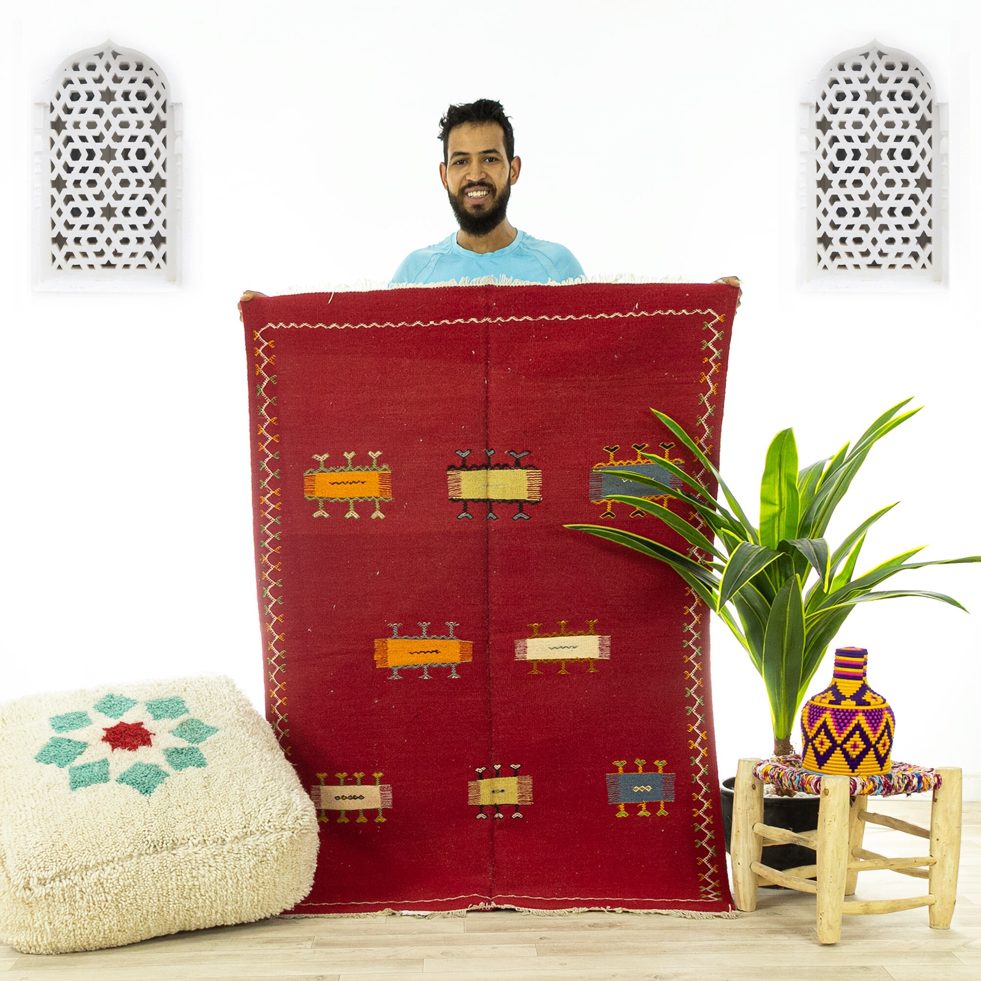 Petit Tapis Vintage - Tapis Marocain de Zone Fait à La Main Rouge 3.4x5.1 Authentique Kilim Marocain