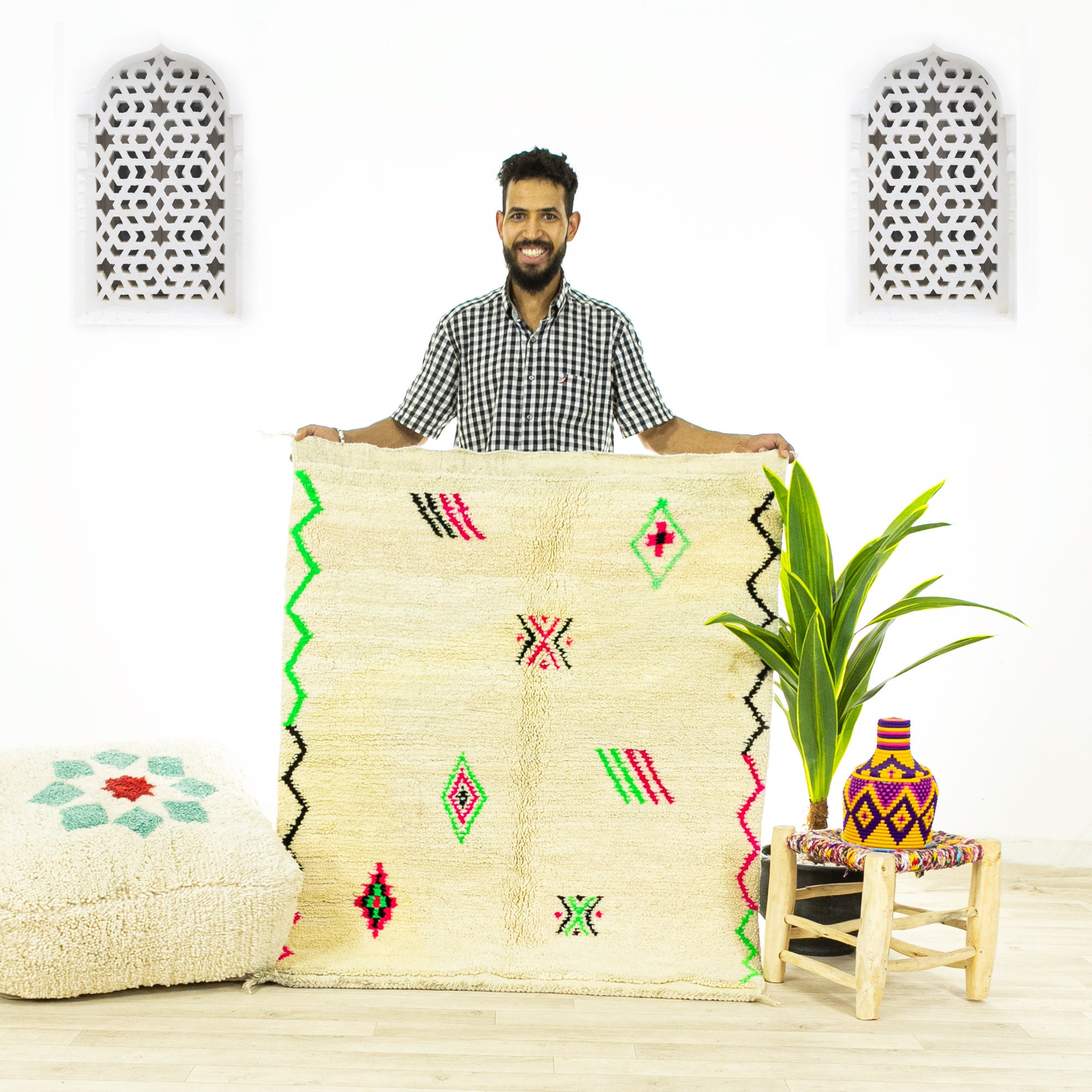 Petit Tapis Contemporain - Tapis Marocain de Zone Beni Ourain Fait à La Main Ivoire 3.5x4.4 Authenti