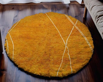 Orange Moroccan Round Rug, Handloom Wool Carpet, Beni Ourain Design