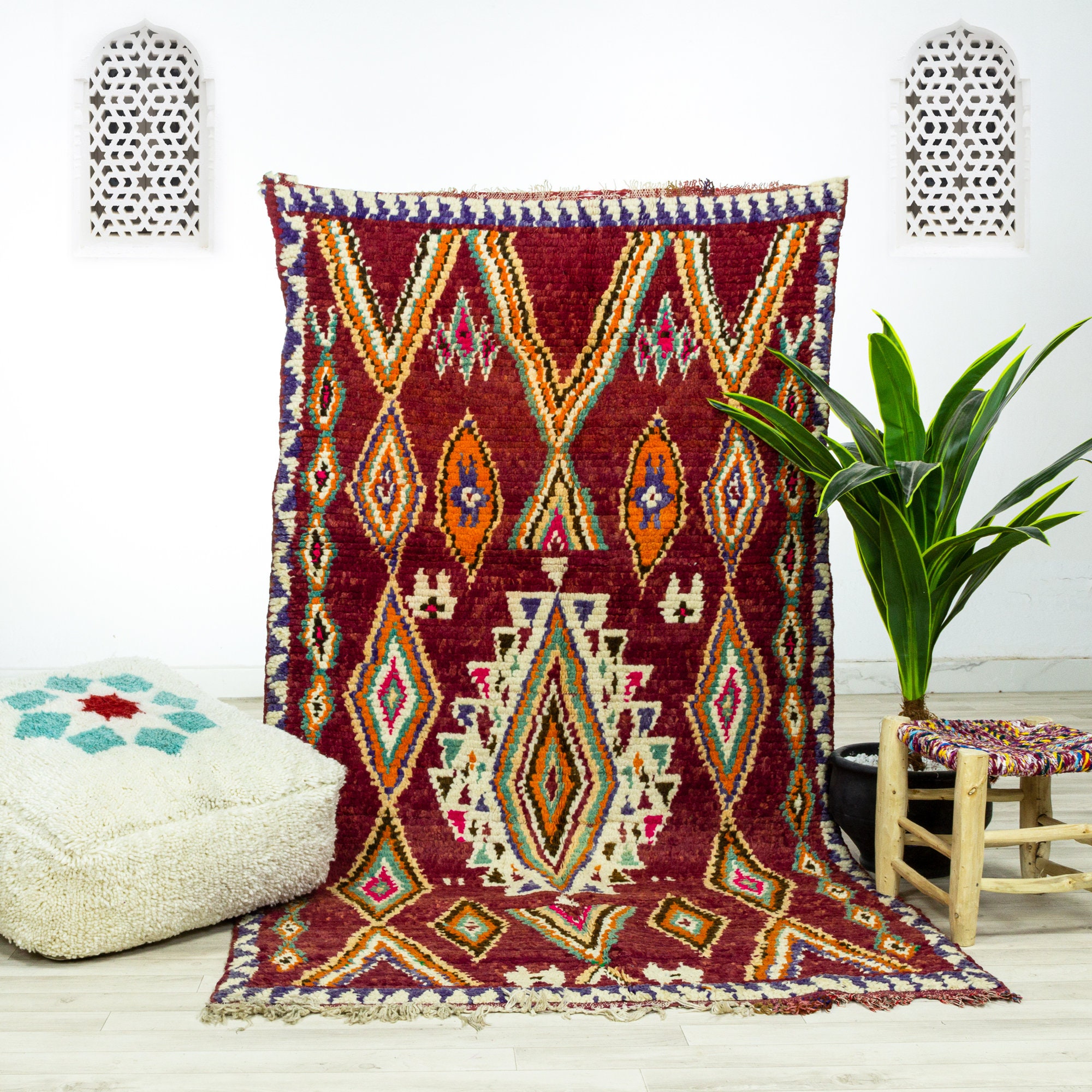 Tapis Vintage Medium - Tapis Marocain Tapis de Zone Fait à La Main Rouge 3.8x6.9 Authentique en Lain