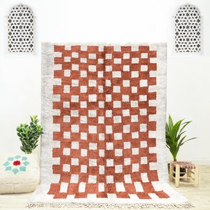 Handwoven Moroccan Checkerboard Rug: Brown & White Beni Ourain Wool