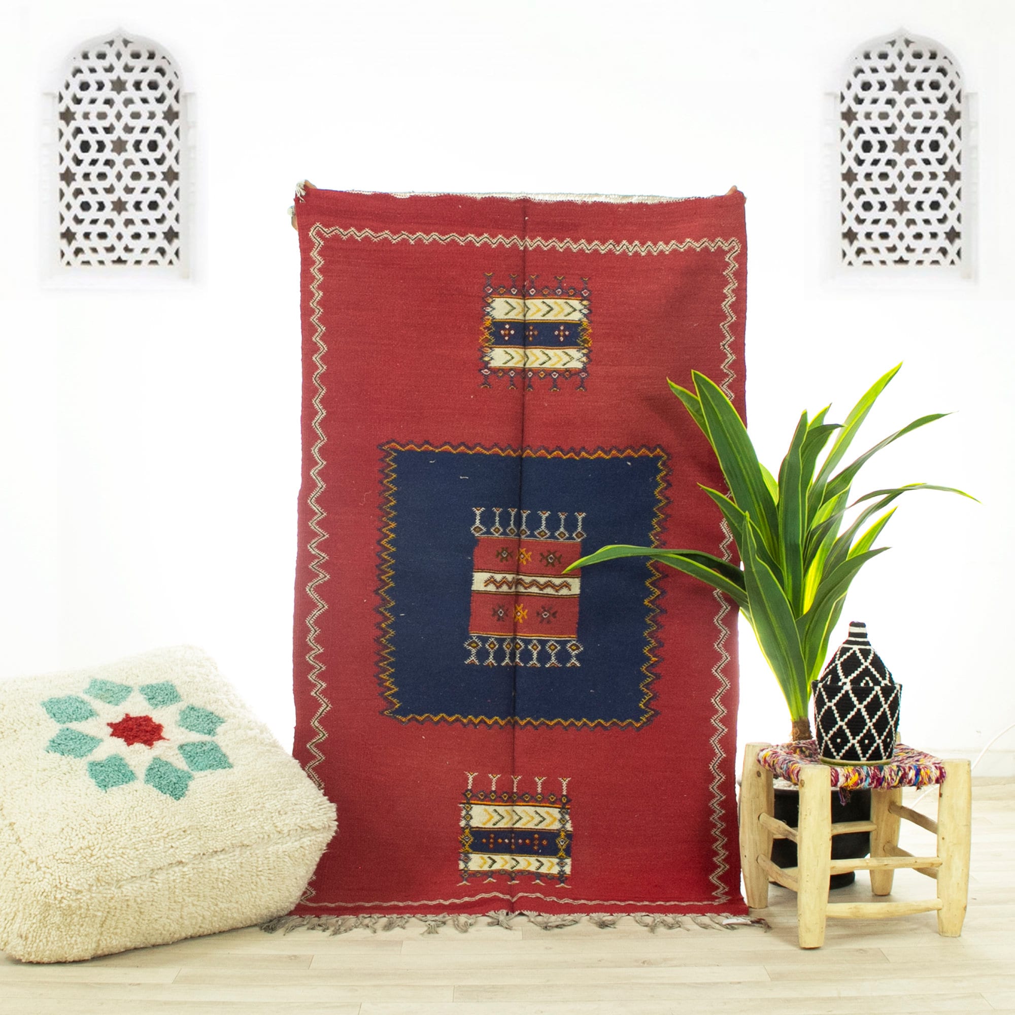 Petit Tapis Vintage - Tapis Marocain de Zone Fait à La Main Rouge 3.1x5 Authentique Kilim Marocain