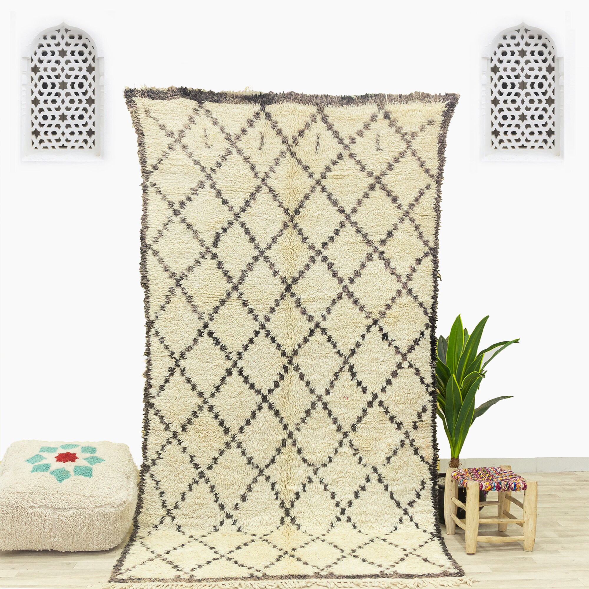 Grand Tapis Vintage - Tapis Marocain de Zone Beni Ourain Fait à La Main Ivoire 4.8x8.9 Authentique