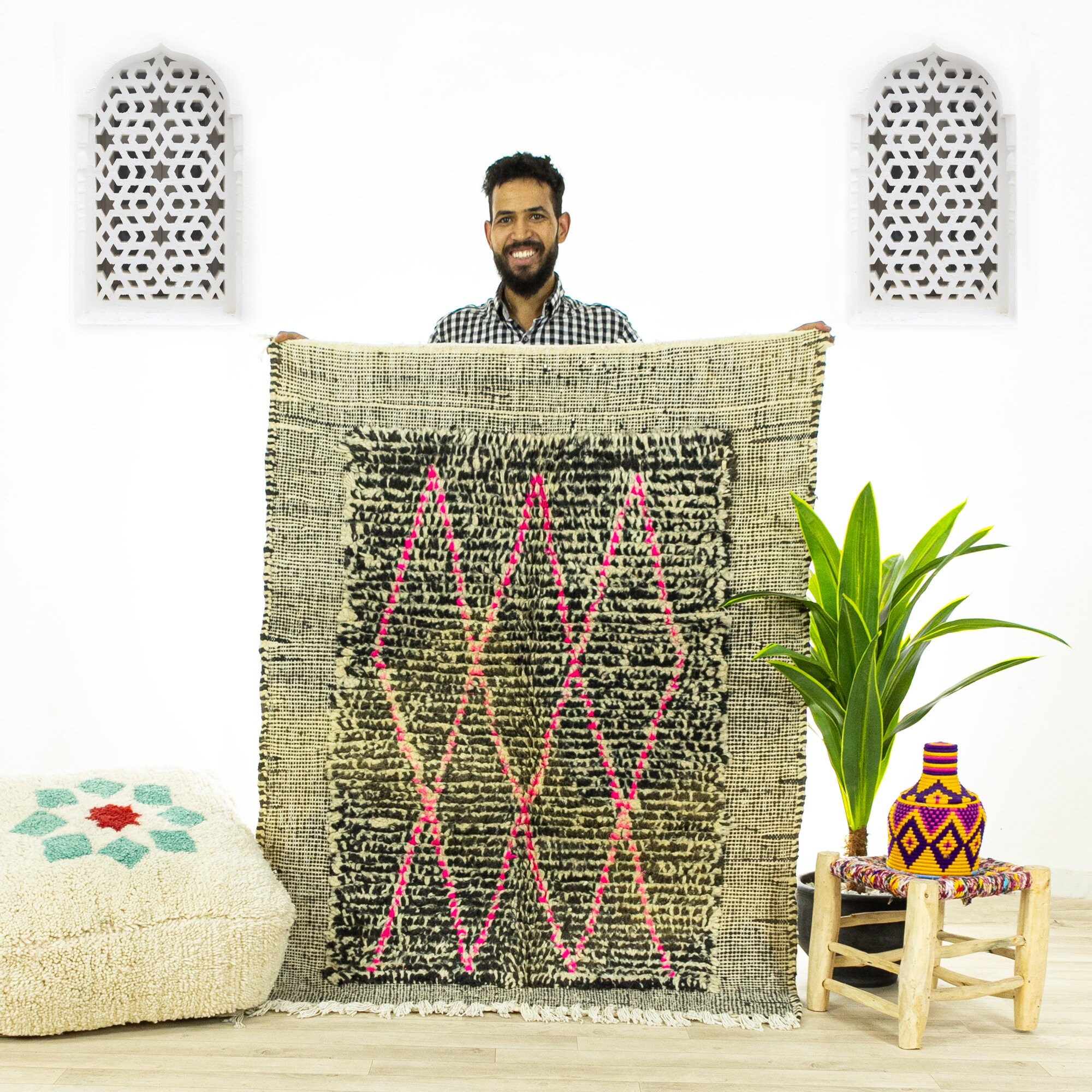 Petit Tapis Contemporain - Tapis Marocain de Zone Beni Ourain Fait à La Main Noir 3.9x5.1 Authentiqu