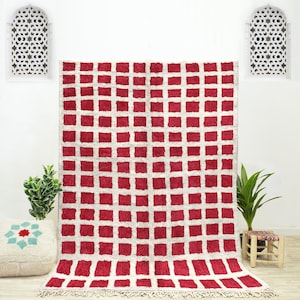 Moroccan checkerboard rug, beniourain rug, Moroccan checkered rug - Red and White checkered area rug