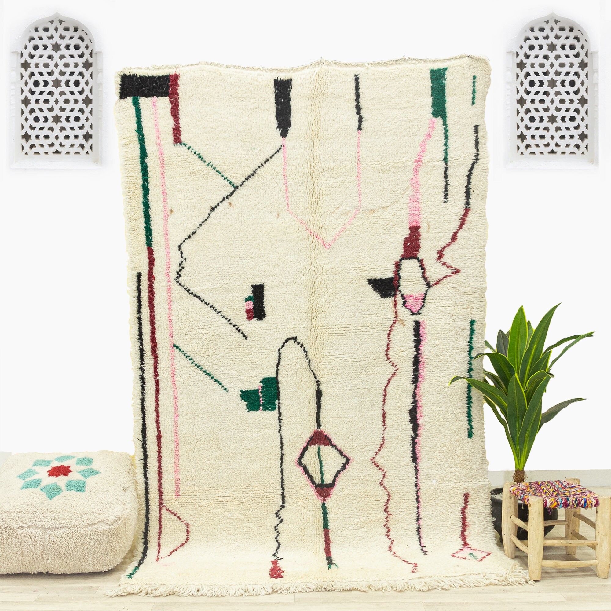 Tapis Contemporain Medium - Tapis Marocain Zone Fait Main Blanc 5.1x7.9 Authentique en Laine
