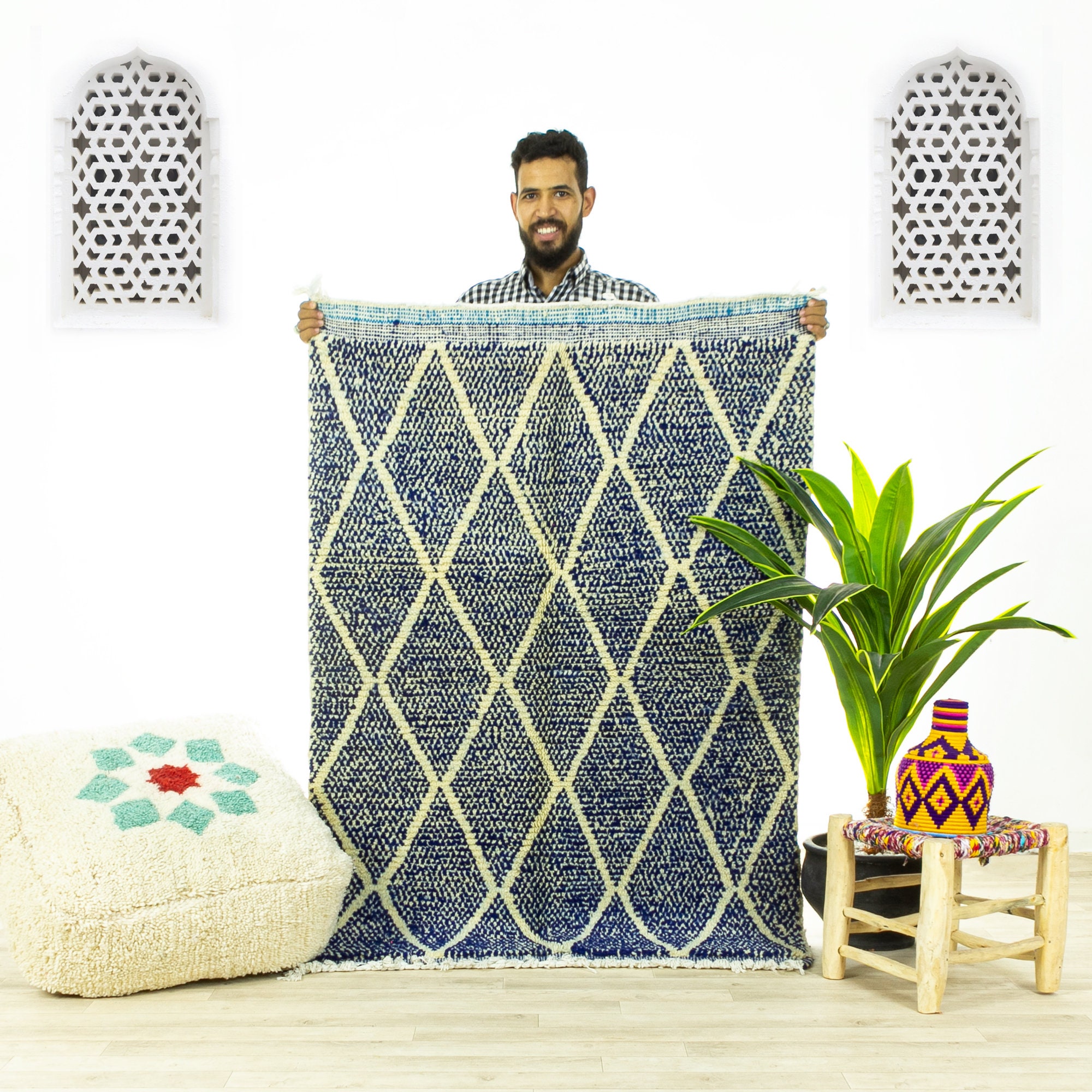 Petit Tapis Contemporain - Tapis Marocain de Zone Beni Ourain Fait à La Main Bleu 3.5x5 Authentique