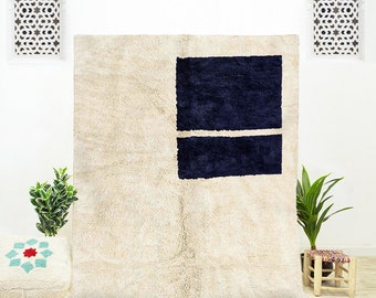Handwoven Blue Geometric Moroccan Rug: Ivory Wool Berber Rug