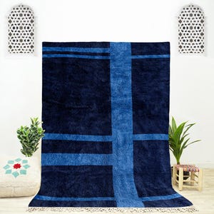 Blue Abstract Rug is Moroccan Berber Rug for Living Room Handwoven Using Beni Ourain Rug 9x12 Wool with Mid Century Blue Modern Rug Design