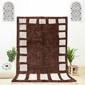 Handwoven Brown Moroccan Beni Ourain checkered rug