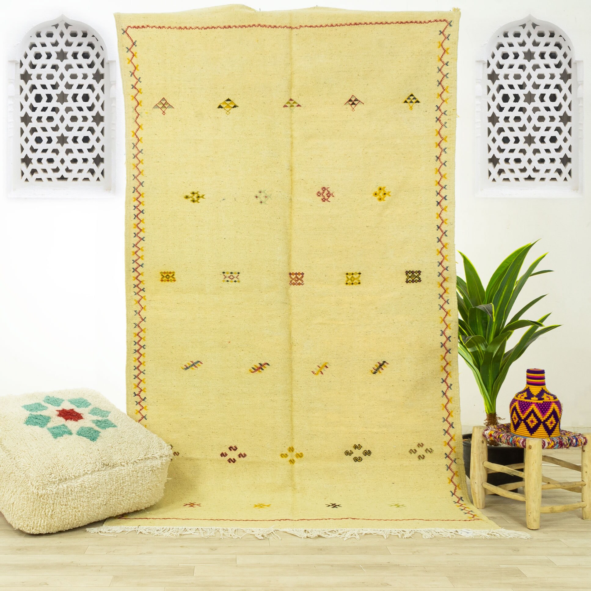 Tapis Vintage Medium - Tapis Marocain Tapis de Zone Fait à La Main Jaune 4.7x8.2 Authentique Kilim M