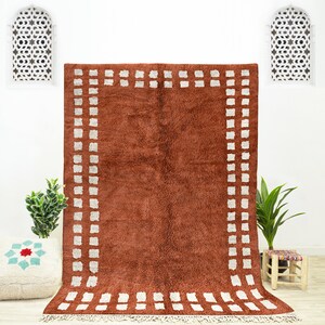 Handmade Moroccan Wool Rug: Brown Checkerboard Beni Ourain Shag Rug
