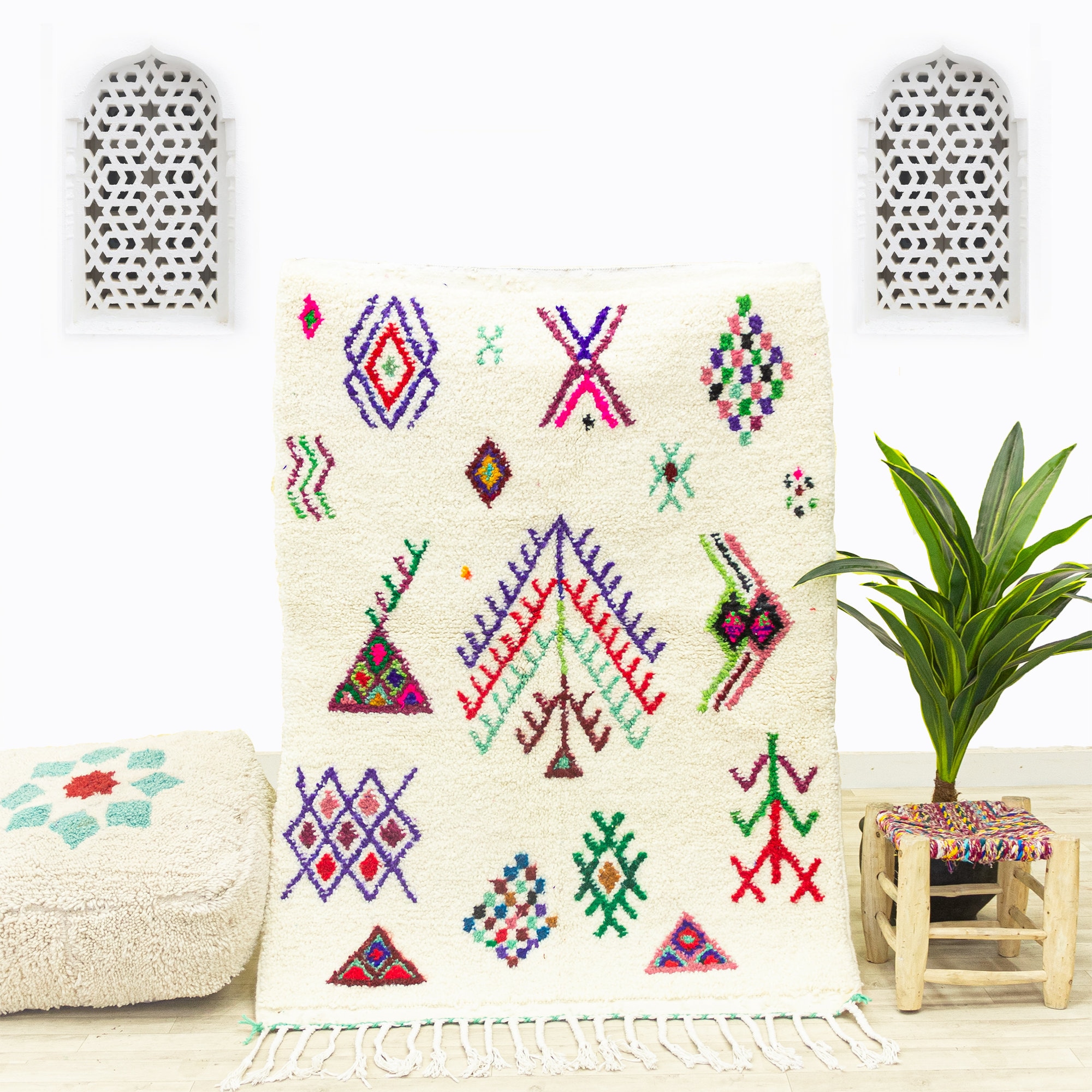 Petit Tapis Contemporain - Tapis Marocain de Zone Fait à La Main Blanc 3.6x5.1 Authentique en Laine