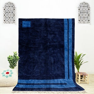 Abstract Area Rug is Blue Beni Ourain Rug with a Modern Art Rug Design Handmade from Moroccan Shag Rug Wool with a Berber Rug Twist