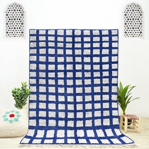 Custom Moroccan Blue and White Beni Ourain checkered rug