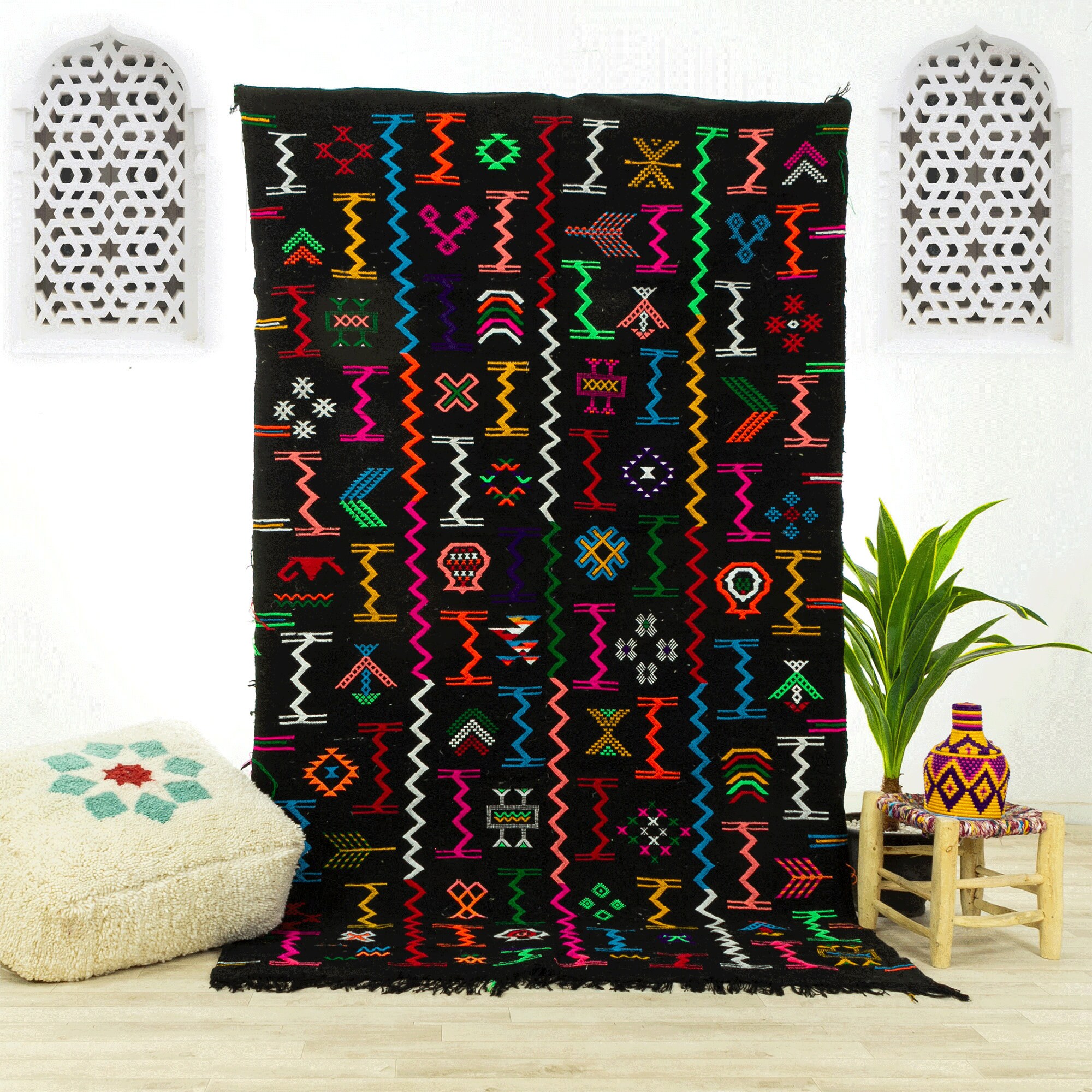 Tapis Contemporain Medium - Tapis Marocain Zone Oued Zem Fait Main Noir 4.9x8.5 Laine
