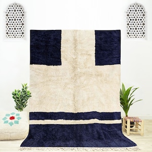 Blue Beni Ourain Custom Rug, Moroccan Area Rug, Handmade Berber Rug for Living Room.