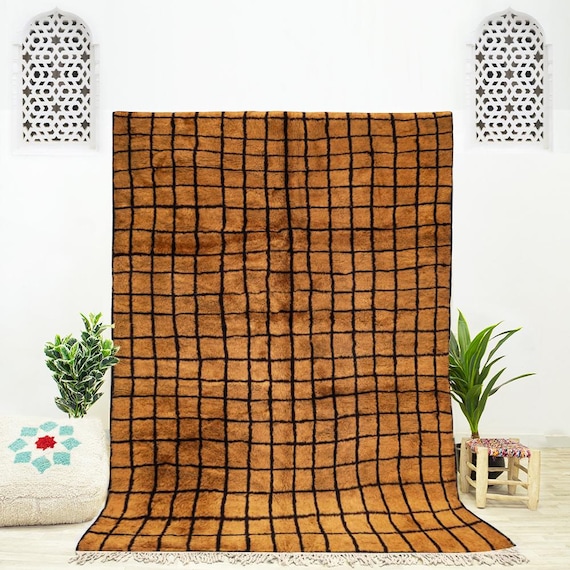 Tapis Berbère Marocain Beni Ourain En Laine - 6.7x9.7 Ft - Marron Et Blanc - Fait Main