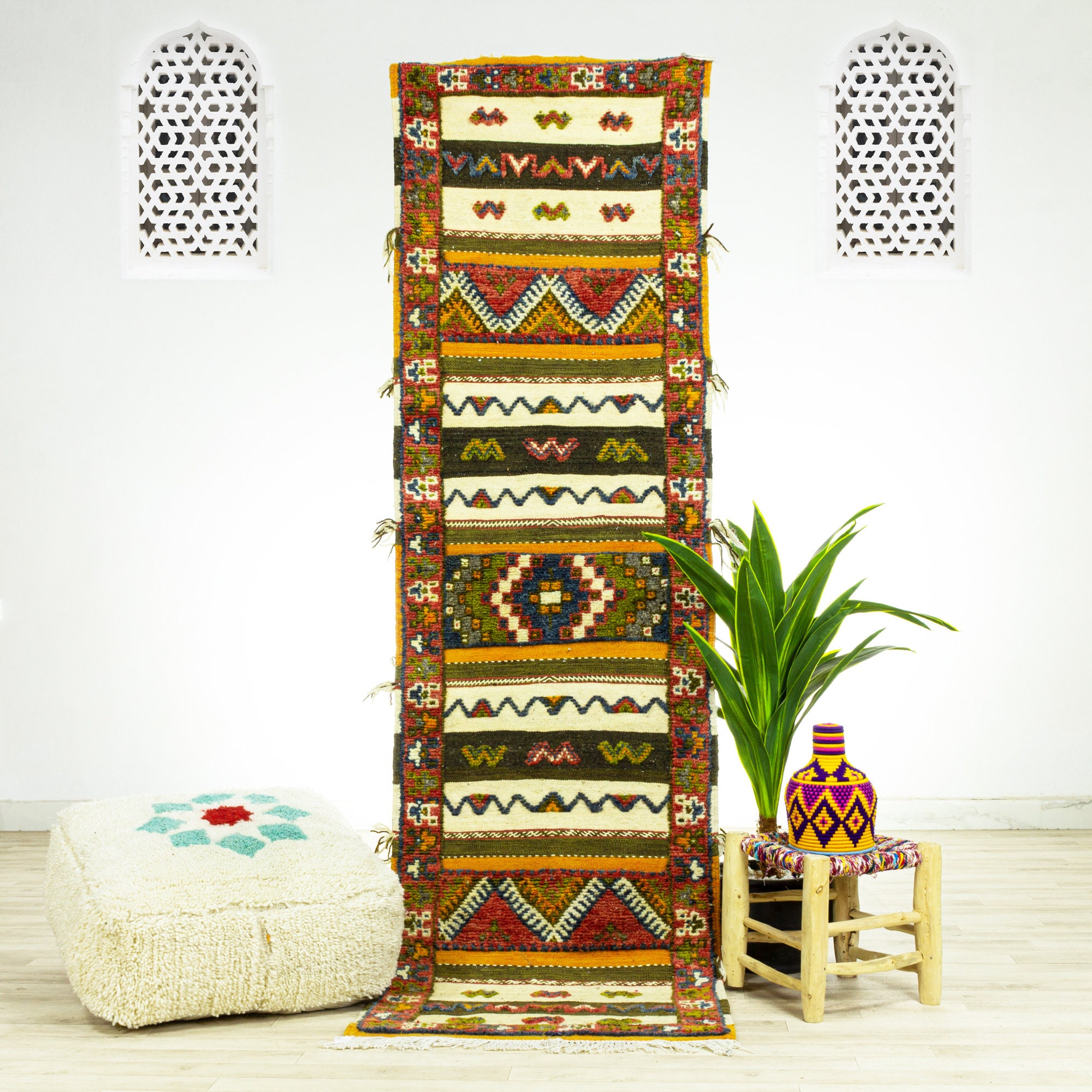Tapis Runner - Tapis Vintage Floor Tapis Marocain de Zone Fait à La Main Coloré 3x8.4 Authentique
