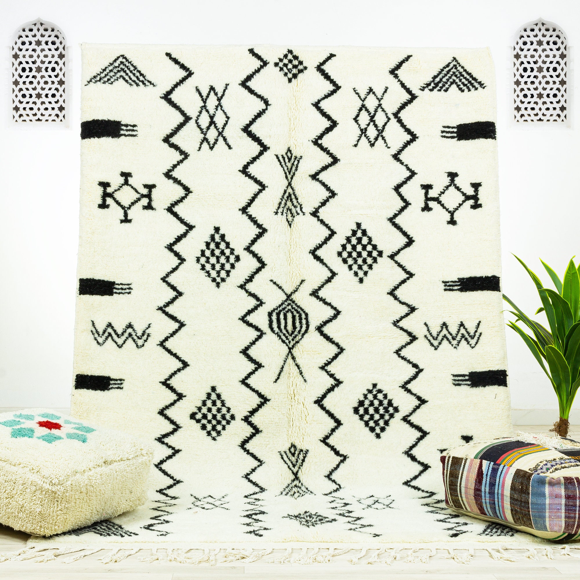 Grand Tapis Contemporain - Tapis Marocain de Zone Beni Ourain Fait à La Main Blanc 6.4x9.8 Authentiq