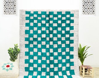Blue Moroccan Beni Ourain checkered rug for bedroom and living room
