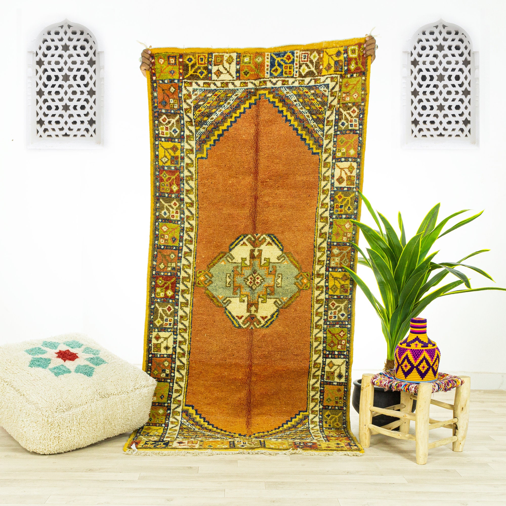 Tapis Vintage Medium - Tapis Marocain Tapis de Zone Fait à La Main Orange 3.3x6.9 Authentique en Lai